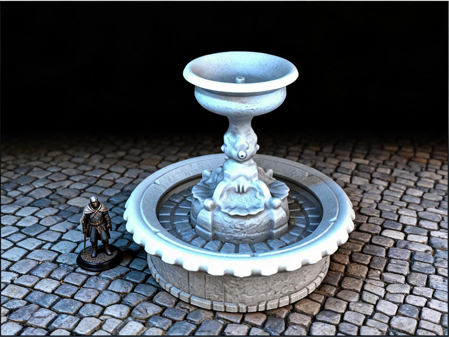 Unpainted Fountain 28mm terrain with scale miniatures shown for context; miniatures not included