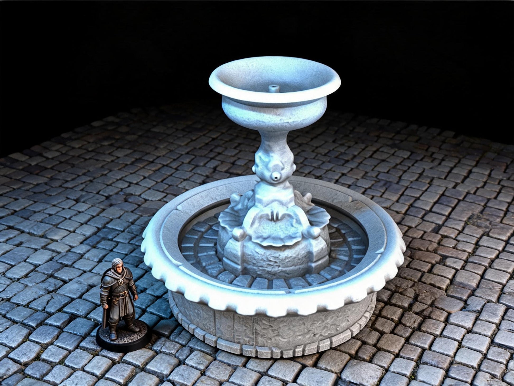 Unpainted Fountain 28mm terrain with scale miniatures shown for context; miniatures not included