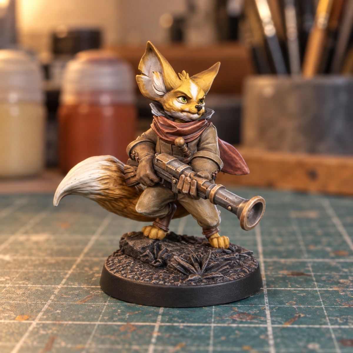Slapchop-painted Foxfolk Hunter display example on a miniature-painting hobby workbench; miniature is supplied unpainted and background items are not included.