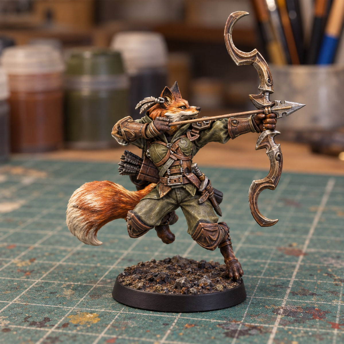 Slapchop-painted Foxfolk Ranger display example on a miniature-painting hobby workbench; miniature is supplied unpainted and background items are not included.