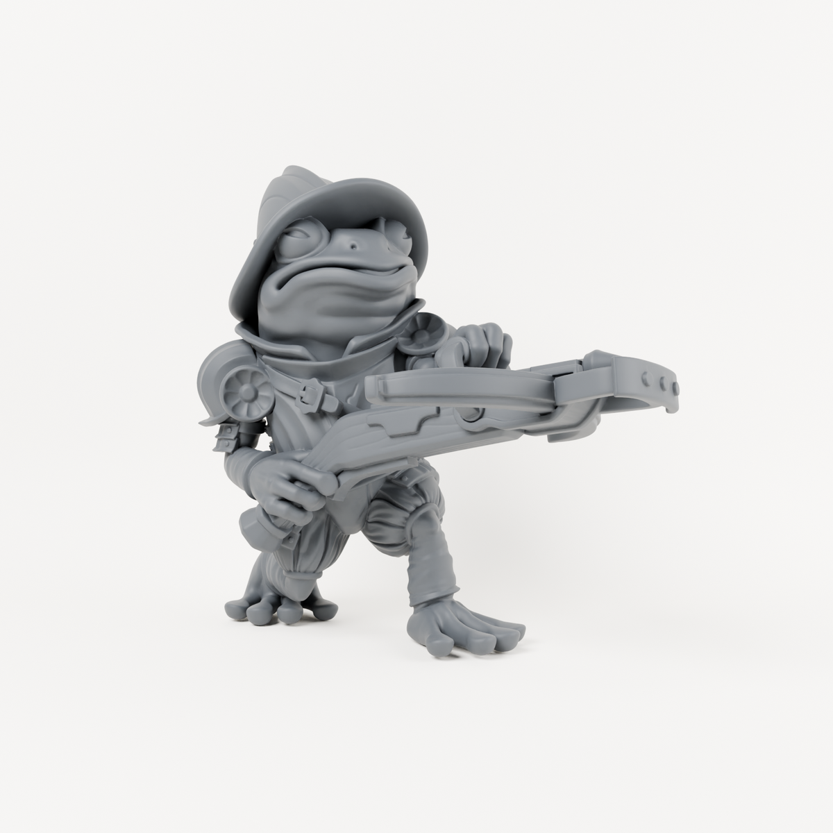 Unpainted grey resin Frog Arbalest 2 miniature, individual variant.