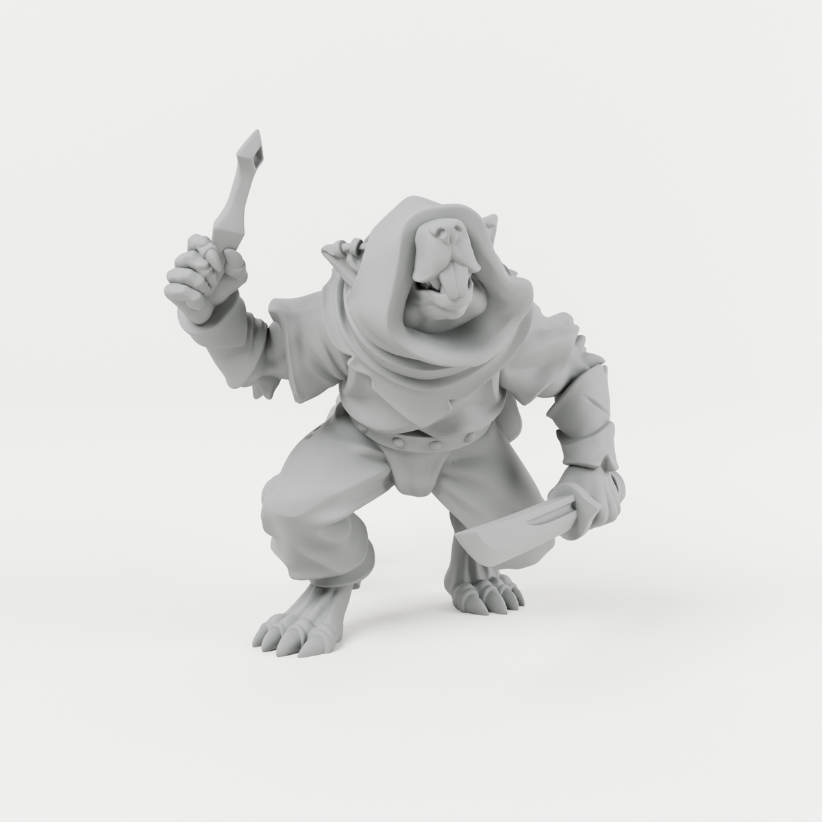 Ratfolk 2 unpainted grey resin miniature, front view.