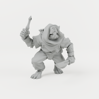 Ratfolk 2 unpainted grey resin miniature, front view.