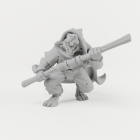 Ratfolk 6 unpainted grey resin miniature, front view.