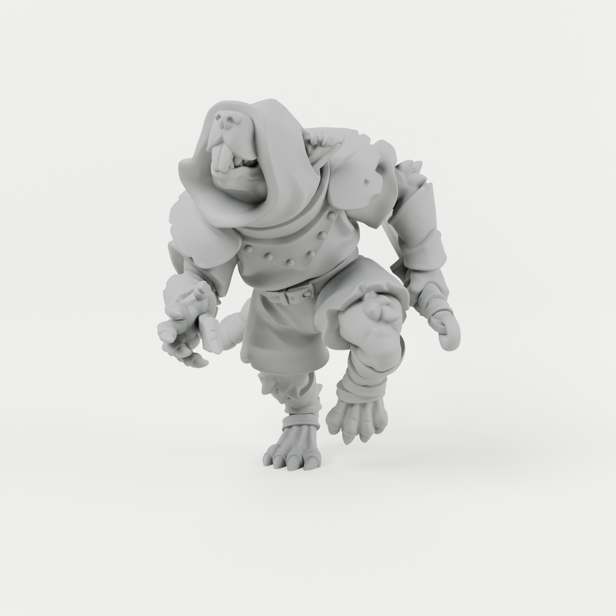 Ratfolk 3 unpainted grey resin miniature, front view.