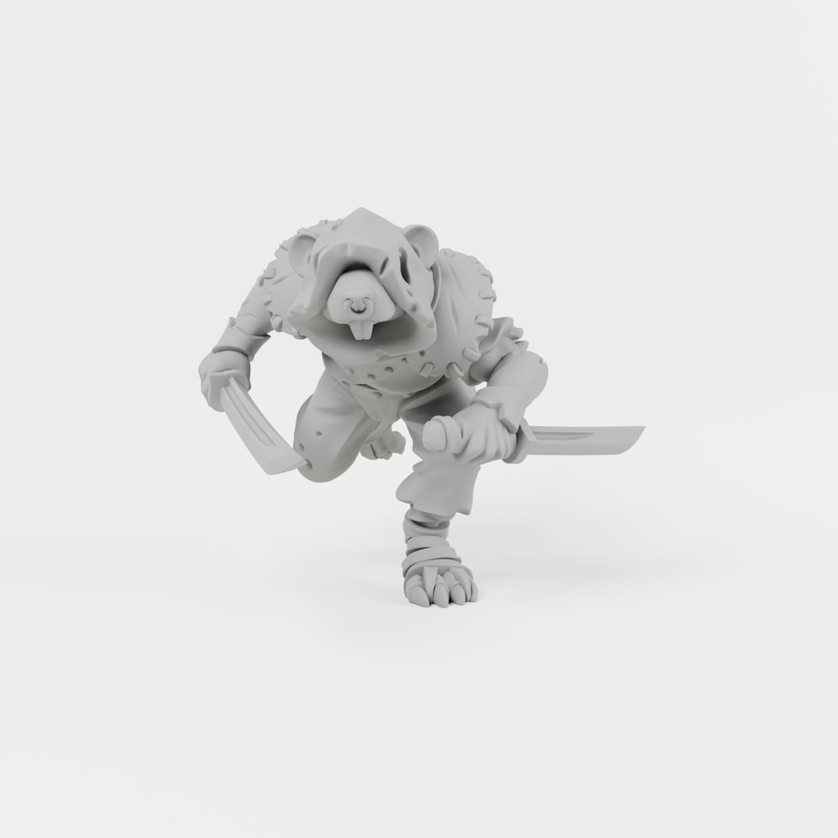 Ratfolk 1 unpainted grey resin miniature, front view.