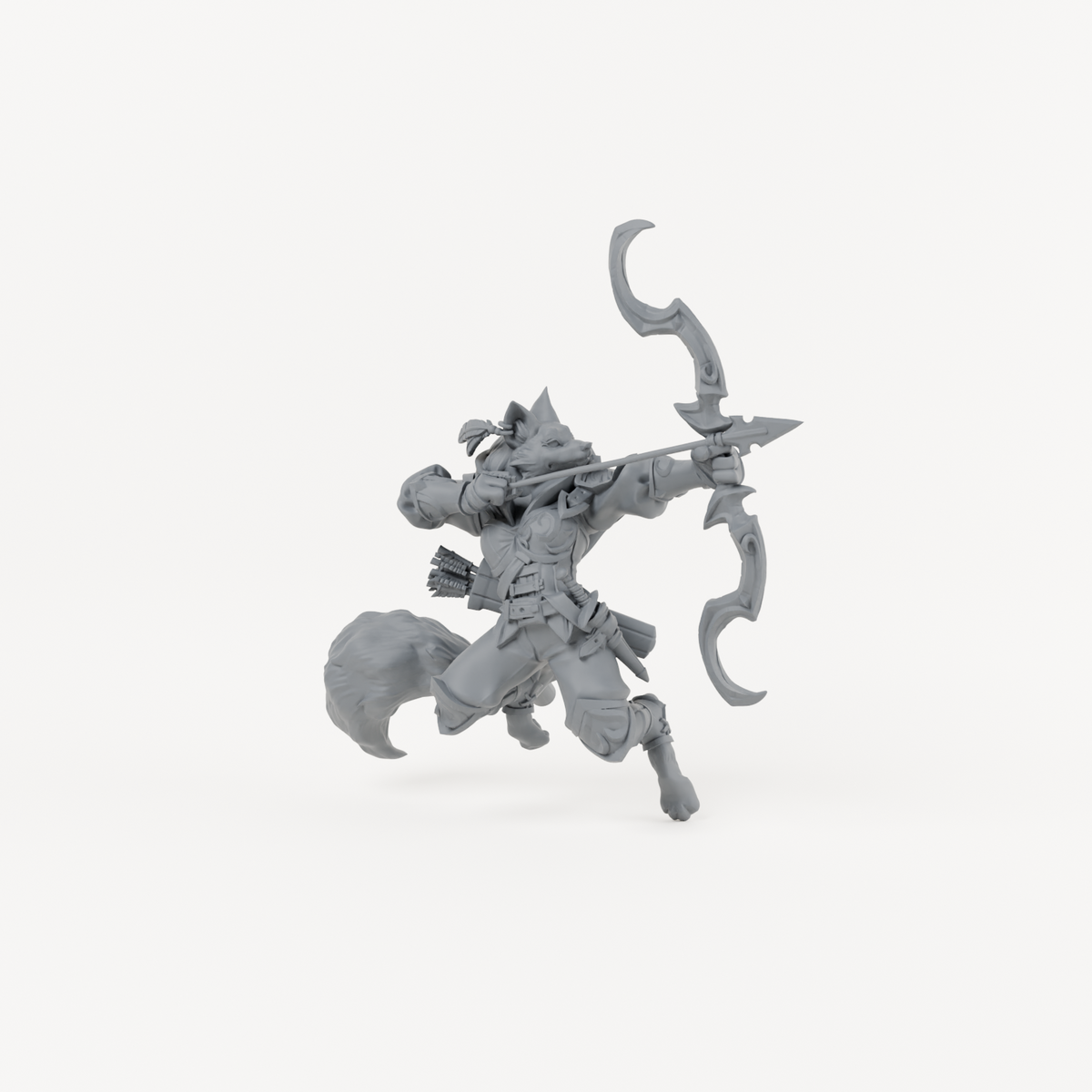 Foxfolk Ranger sculpt in charcoal-grey studio render; supplied unpainted with a separate scenic base.