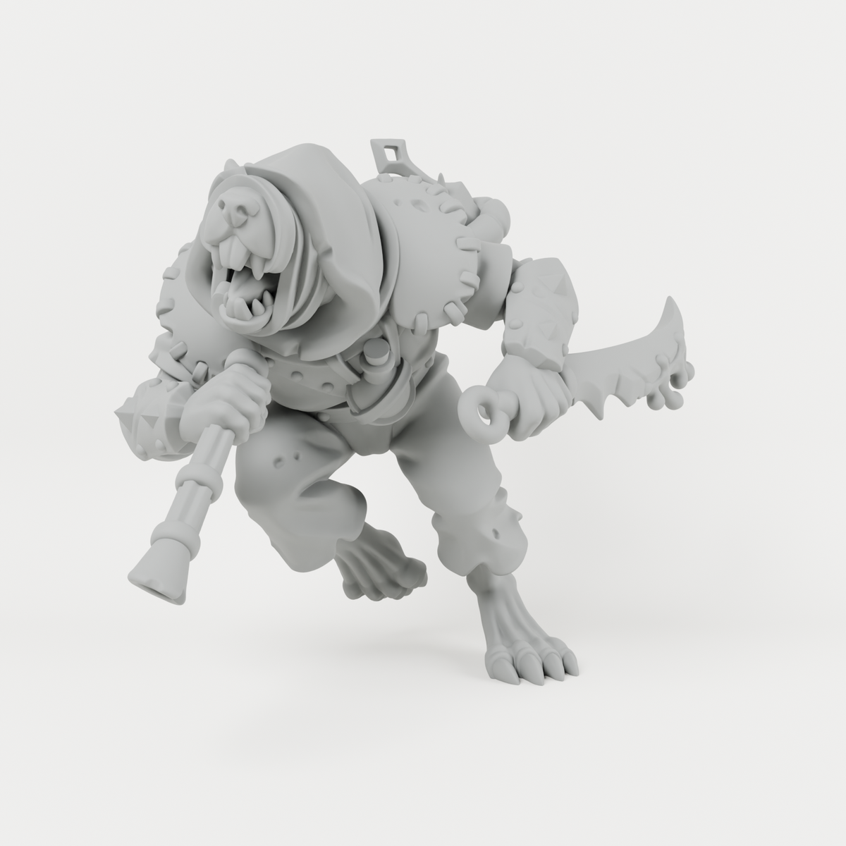 Ratfolk 4 unpainted grey resin miniature, front view.