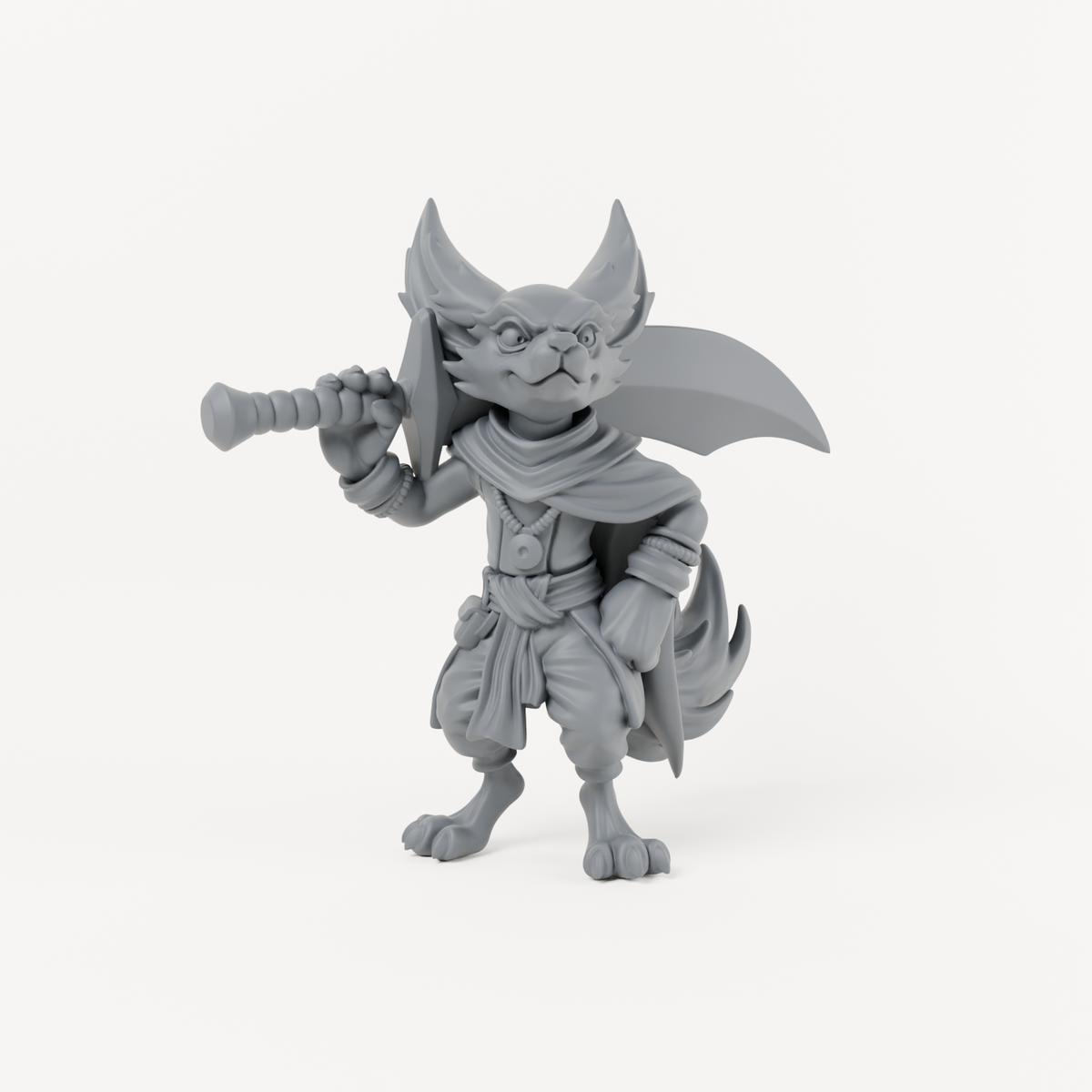 Unpainted grey resin Male Fox Folk 4 miniature, individual variant.