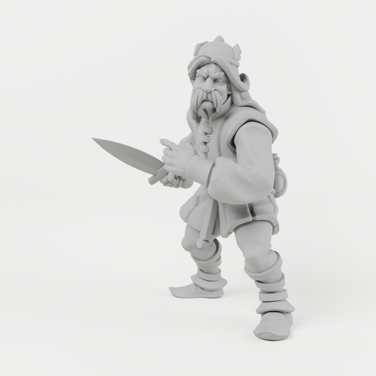 Moustache Warrior unpainted grey resin miniature, front view.