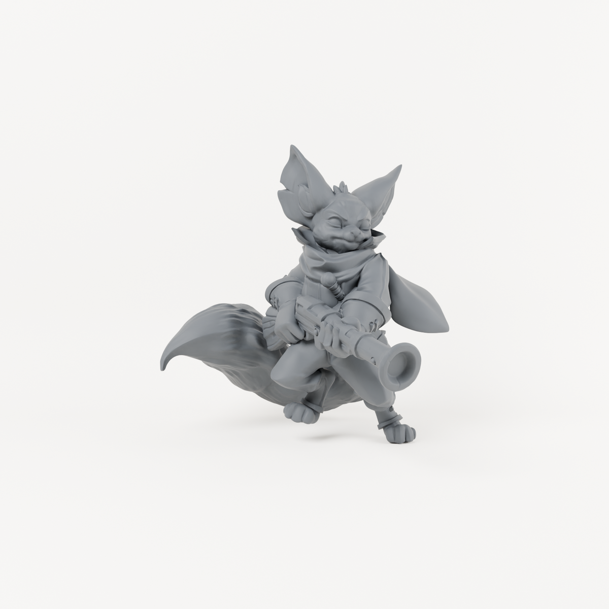 Foxfolk Hunter sculpt in charcoal-grey studio render; supplied unpainted with a separate scenic base.