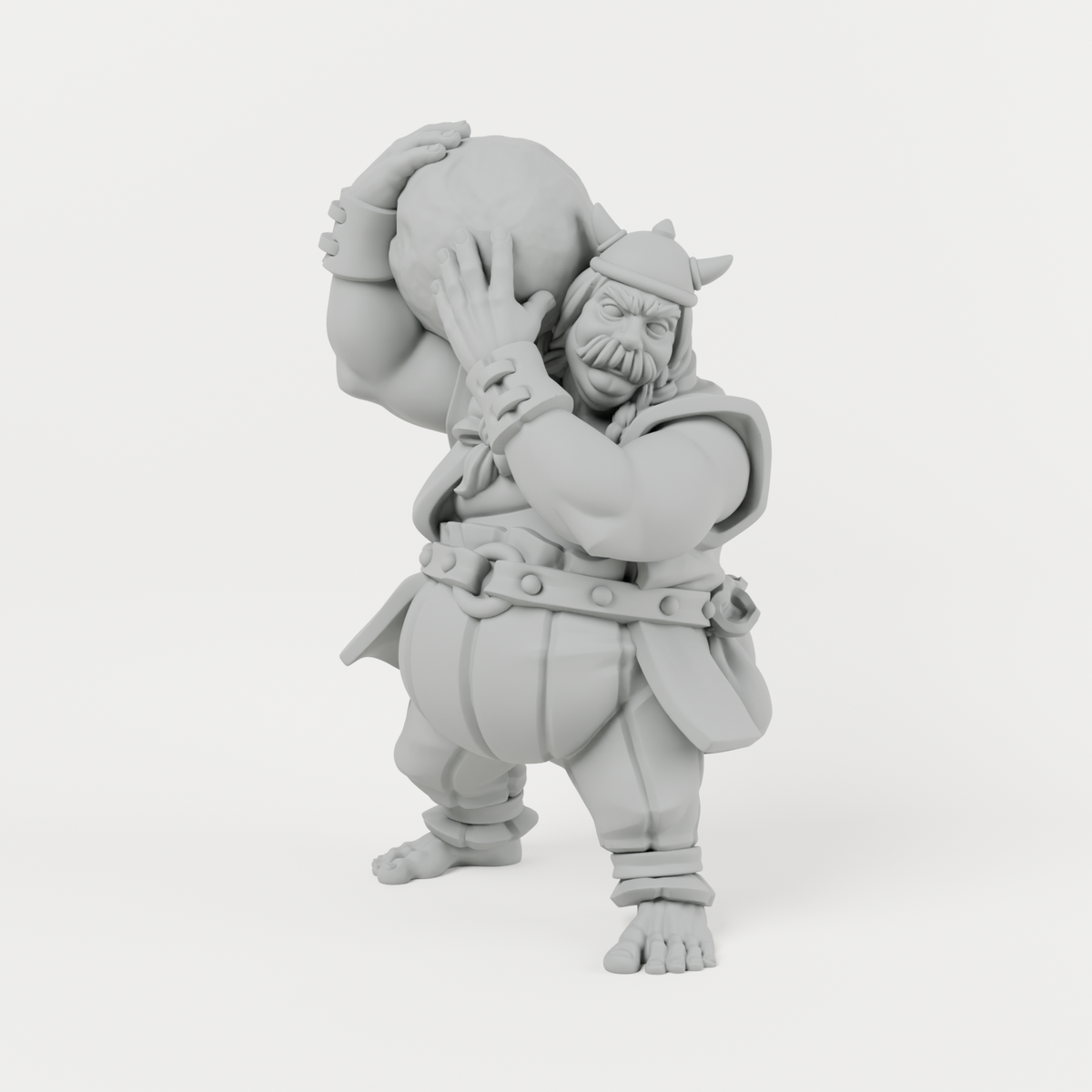 Stone Thrower unpainted grey resin miniature, front view.