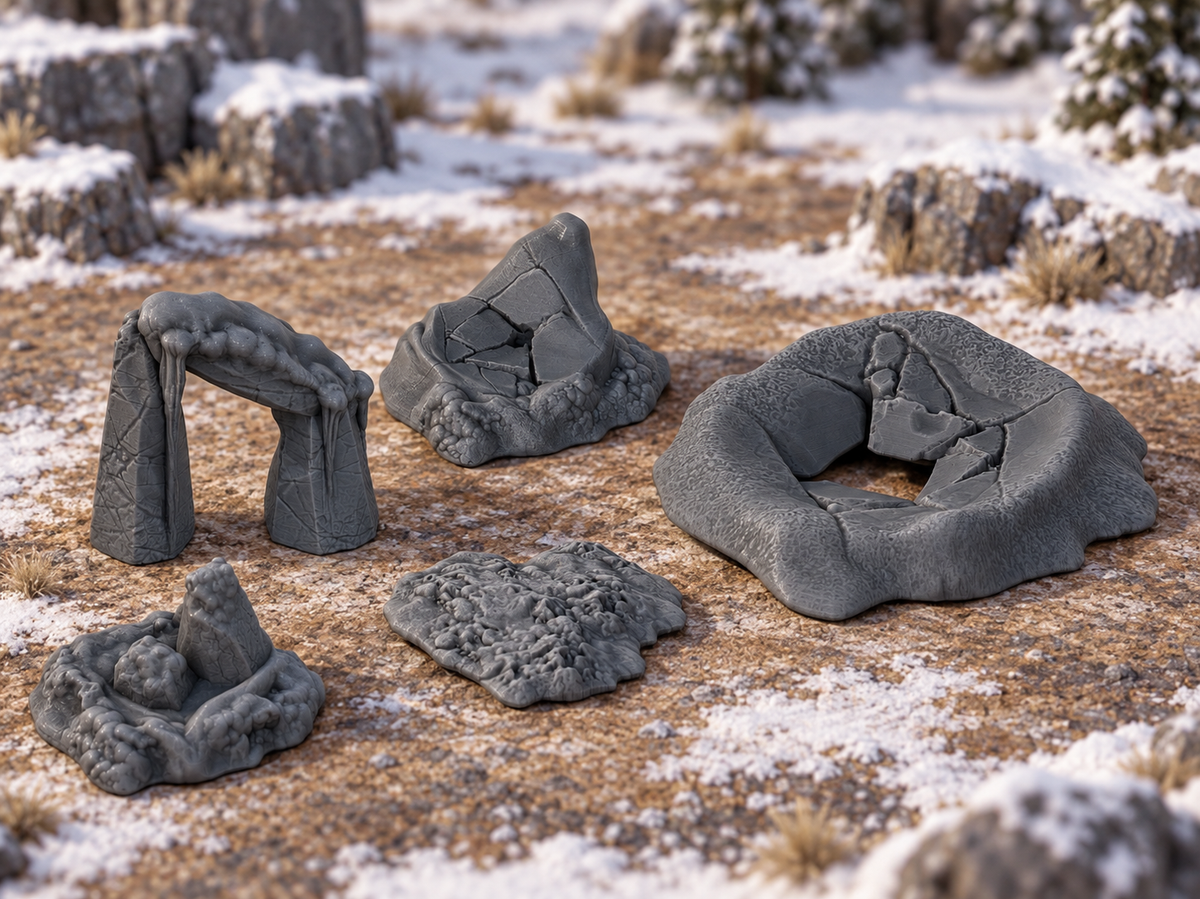 Supplementary product photo for Frozen Scatter - 28mm DND/Wargame/RPG Terrain in unpainted charcoal grey PLA
