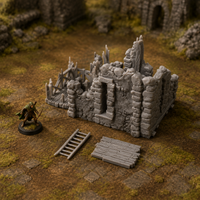 Black Lions Bastion Tower Ruined Floor three-piece add-on with painted 28mm scale miniature
