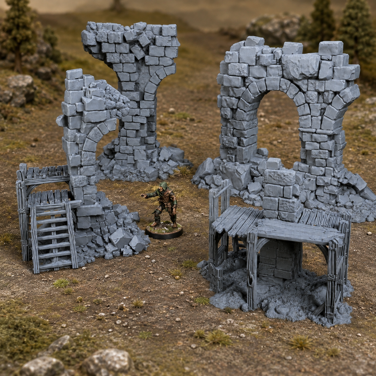 Aqueduct Ruins unpainted grey 28mm terrain in a medieval tabletop scene