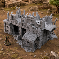 Ruined Barn unpainted grey 28mm terrain in a medieval tabletop scene