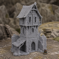 Black Lions Bastion Tower unpainted grey 28mm terrain in a medieval tabletop scene