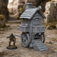 Fantasy Food Truck unpainted grey 28mm terrain in a medieval tabletop scene