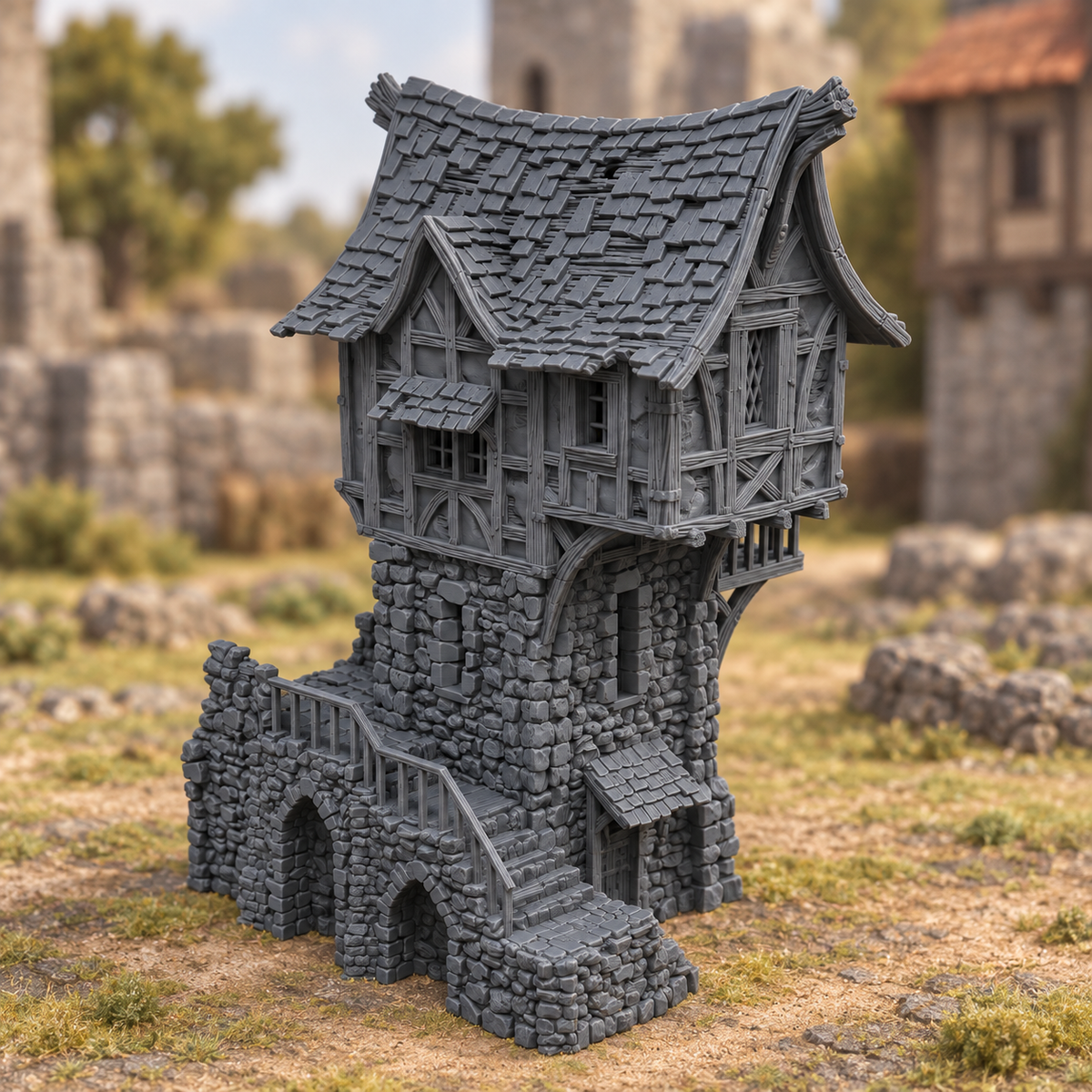Supplementary product photo for Guard Post – 28mm Fantasy Tabletop Terrain, Unpainted in unpainted charcoal grey PLA
