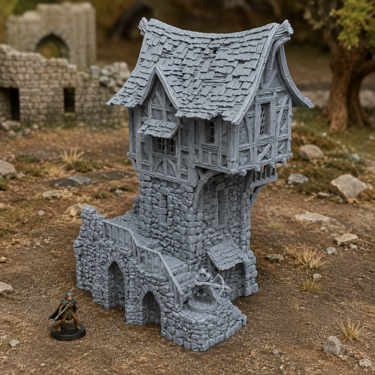 Guard Post unpainted grey 28mm terrain in a medieval tabletop scene