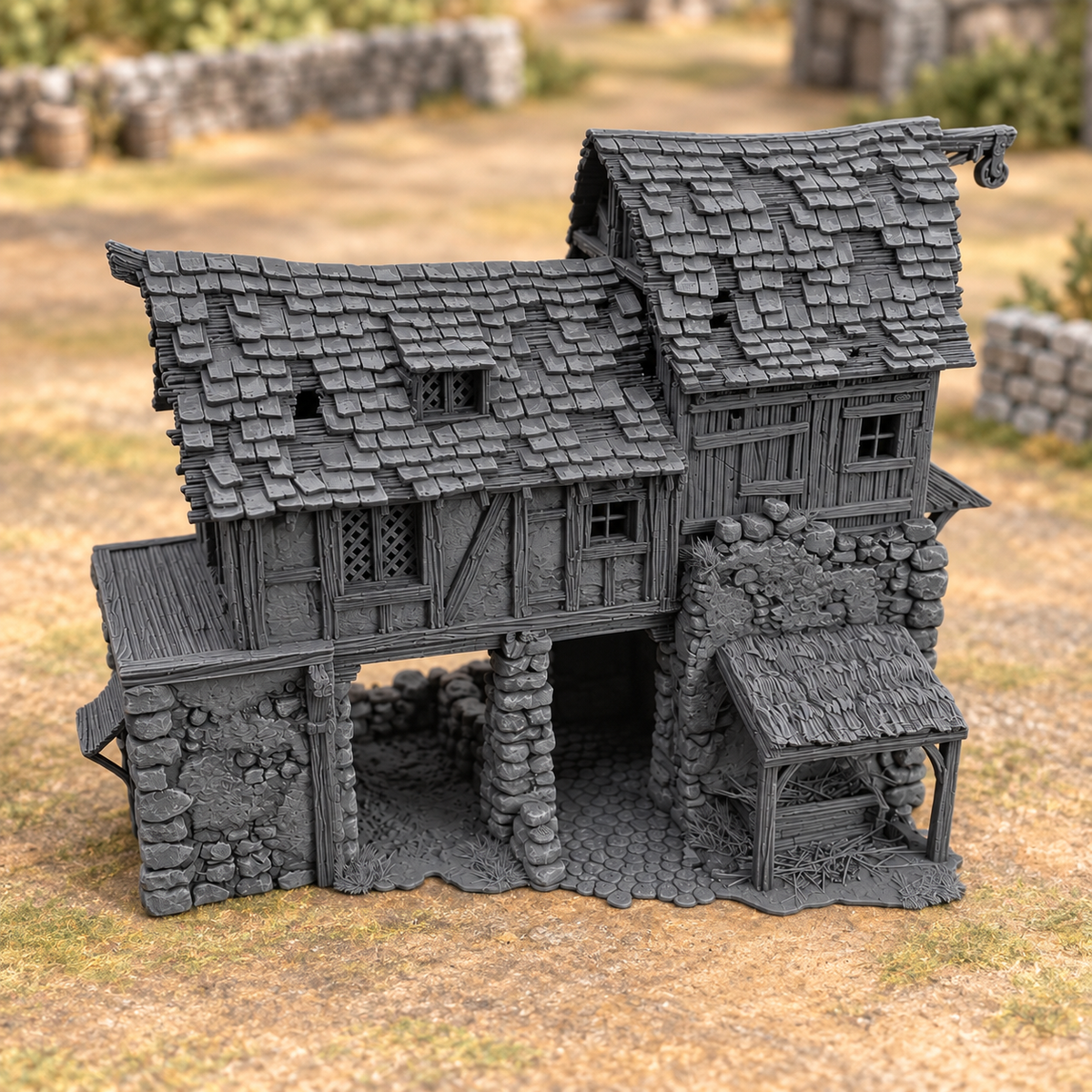 Supplementary product photo for Harlan Grey-Eye's Barn – 28mm Fantasy Terrain, Unpainted in unpainted charcoal grey PLA