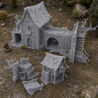 Hollowstone Manor unpainted grey 28mm terrain in a medieval tabletop scene