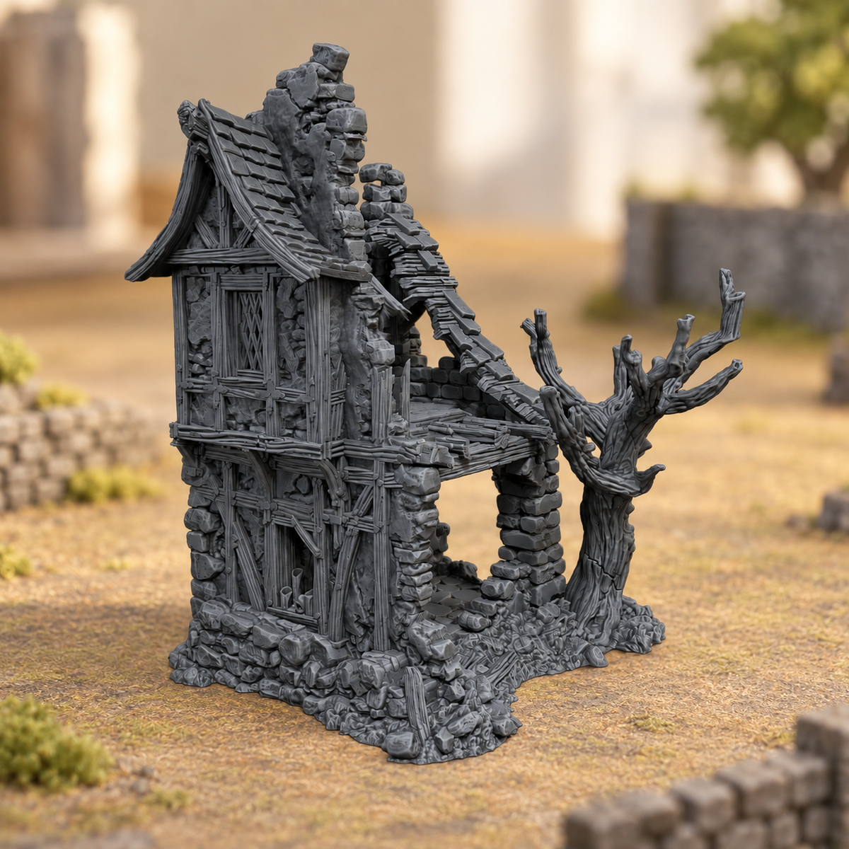Supplementary product photo for House of Whispers – 28mm Fantasy Tabletop Terrain, Unpainted in unpainted charcoal grey PLA