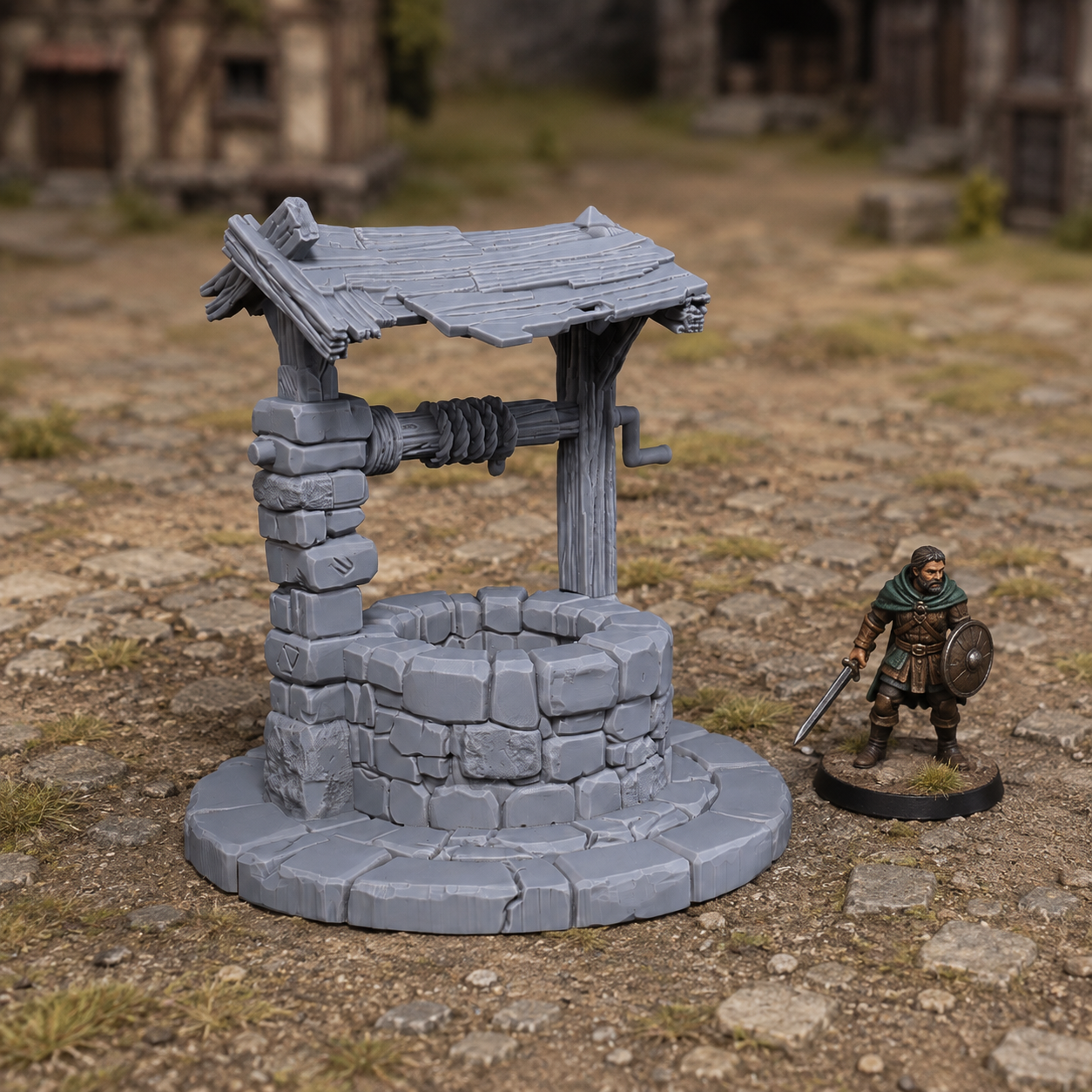 Old Well unpainted grey 28mm terrain in a medieval tabletop scene