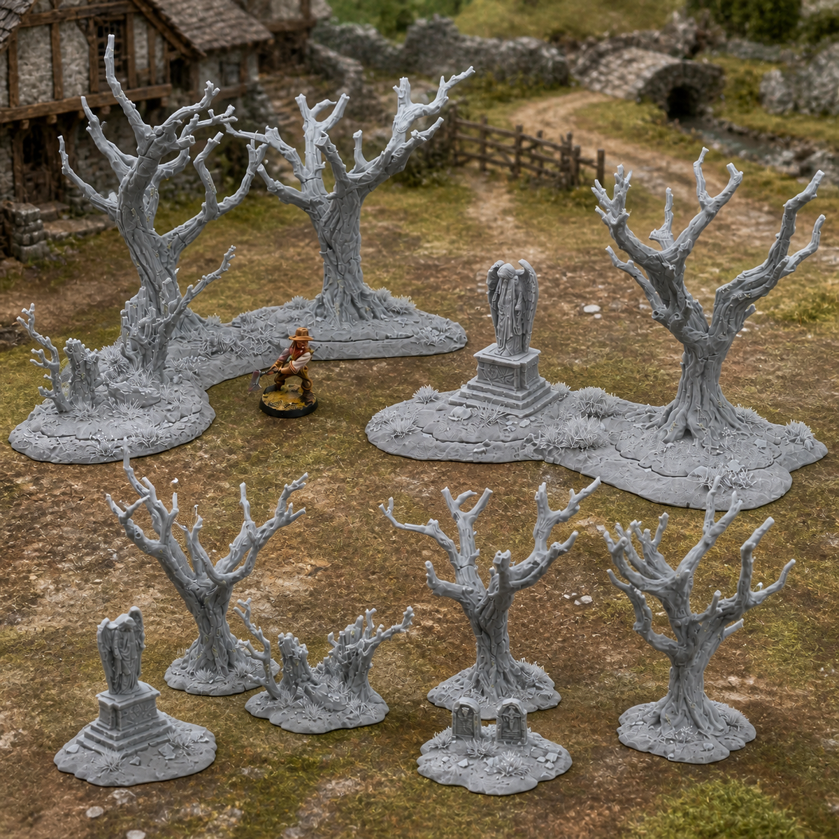Padures Forest unpainted grey 28mm terrain in a medieval tabletop scene