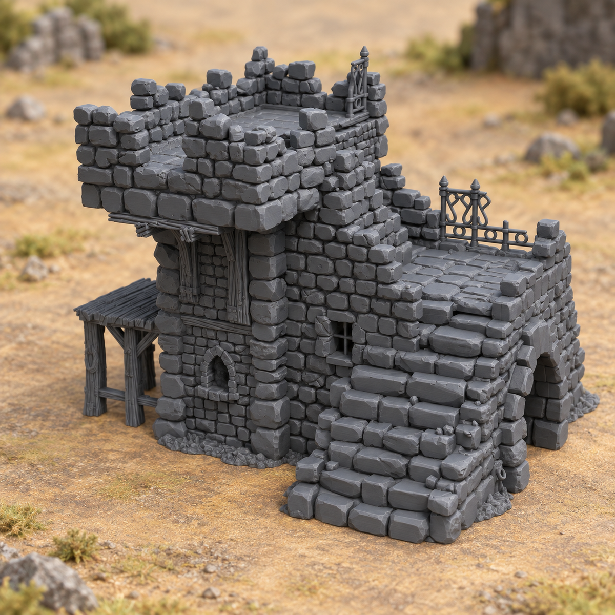 Supplementary product photo for Ruined Platform Prison – 28mm Fantasy Terrain, Unpainted in unpainted charcoal grey PLA