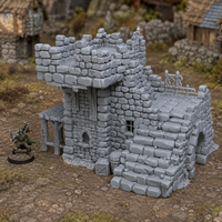 Ruined Platform Prison unpainted grey 28mm terrain in a medieval tabletop scene