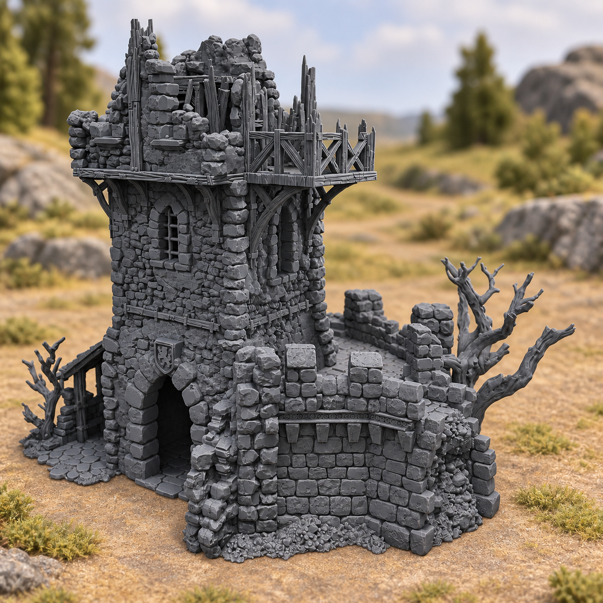 Supplementary product photo for Ruined Black Lions Bastion Tower – 28mm Terrain, Unpainted in unpainted charcoal grey PLA
