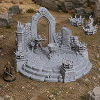 Ruined Black Lions Bastion Tower unpainted grey 28mm terrain in a medieval tabletop scene