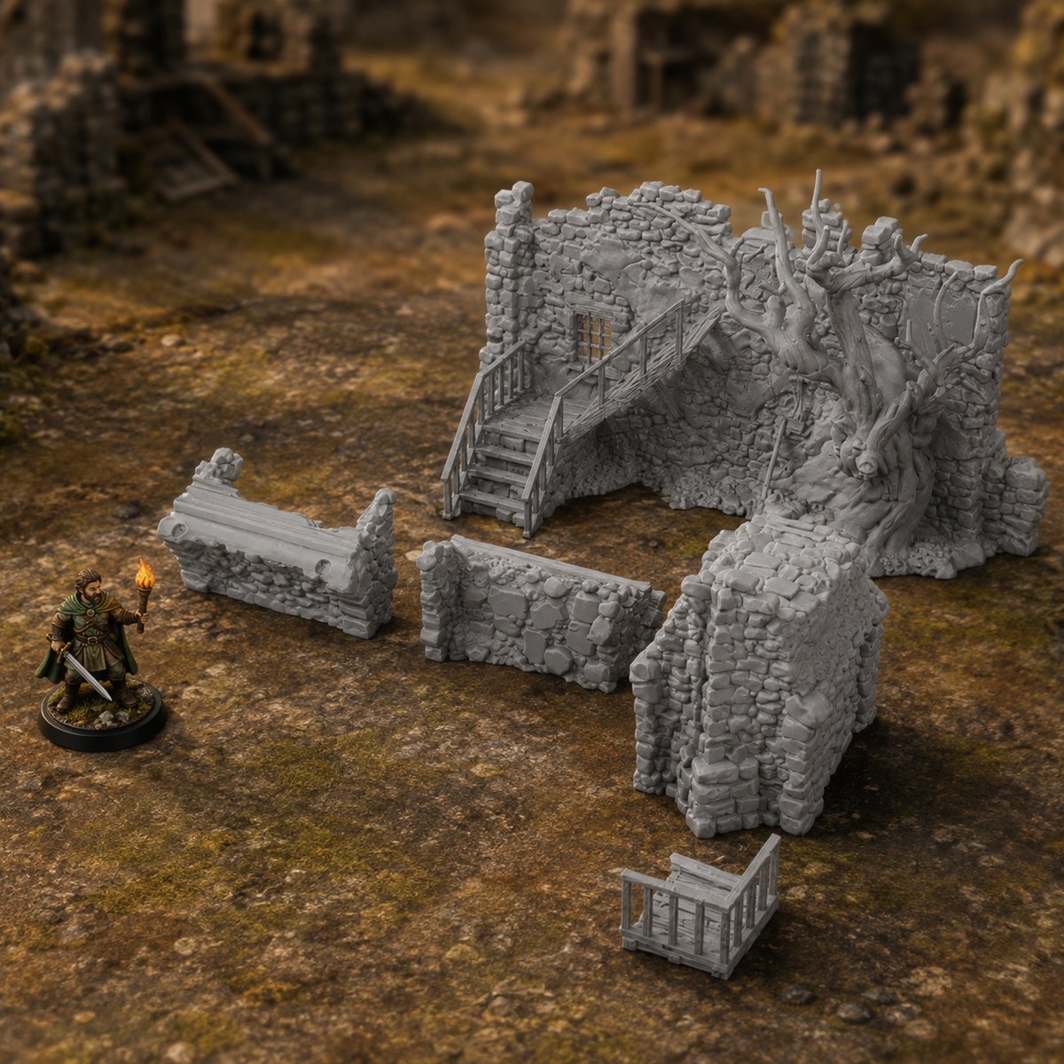 Ruined Platform Connector V2 five-piece product-only 28mm terrain set with painted scale miniature