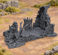 Supplementary product photo for Ruined Shack – 28mm Fantasy Tabletop Terrain, Unpainted in unpainted charcoal grey PLA