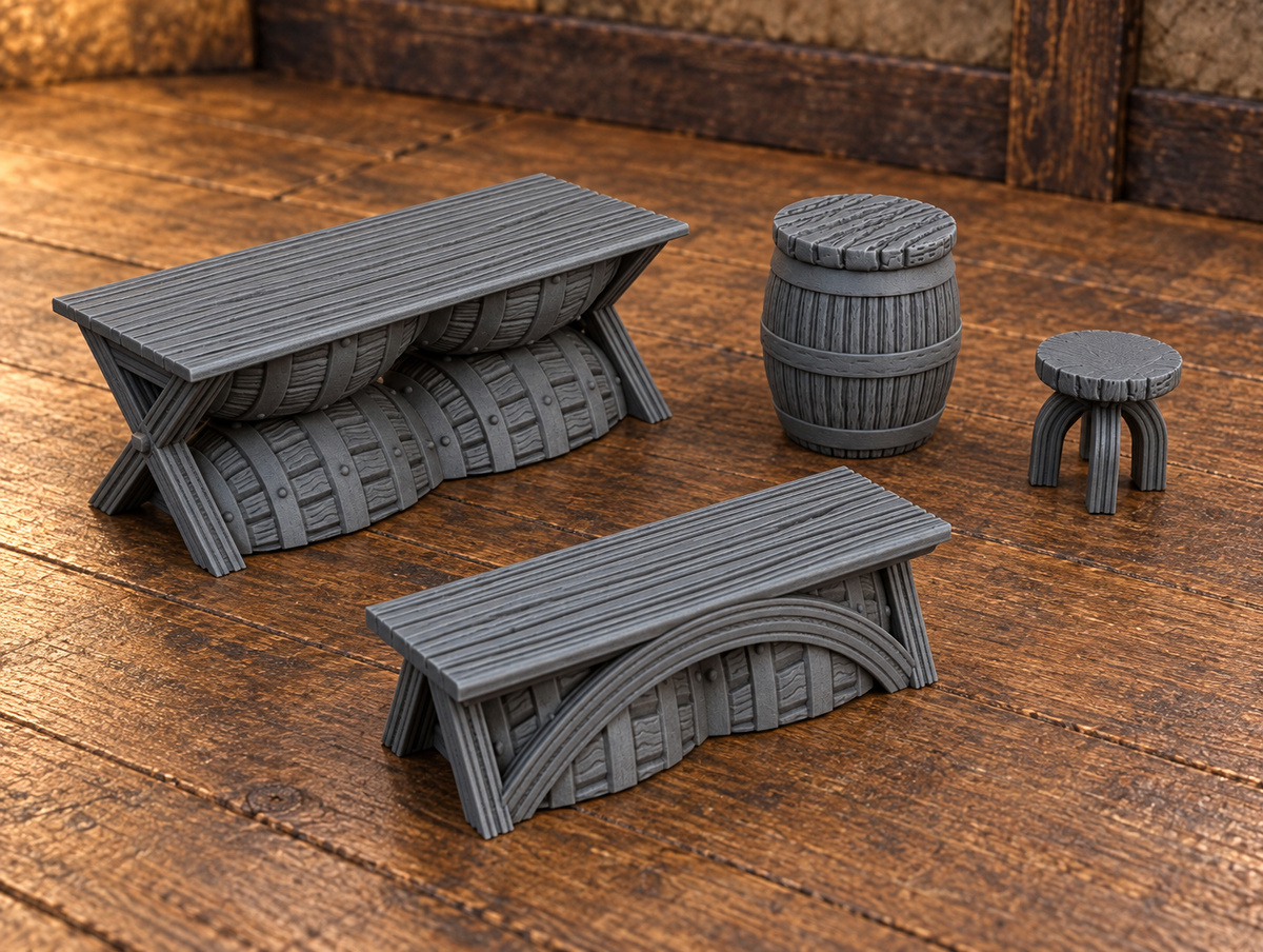 Supplementary product photo for Furniture Scatter 28mm DND Scatter Terrain | Tabletop Wargaming Scenery for Warhammer, Frostgrave & RPG | 3D Printed in unpainted charcoal grey PLA