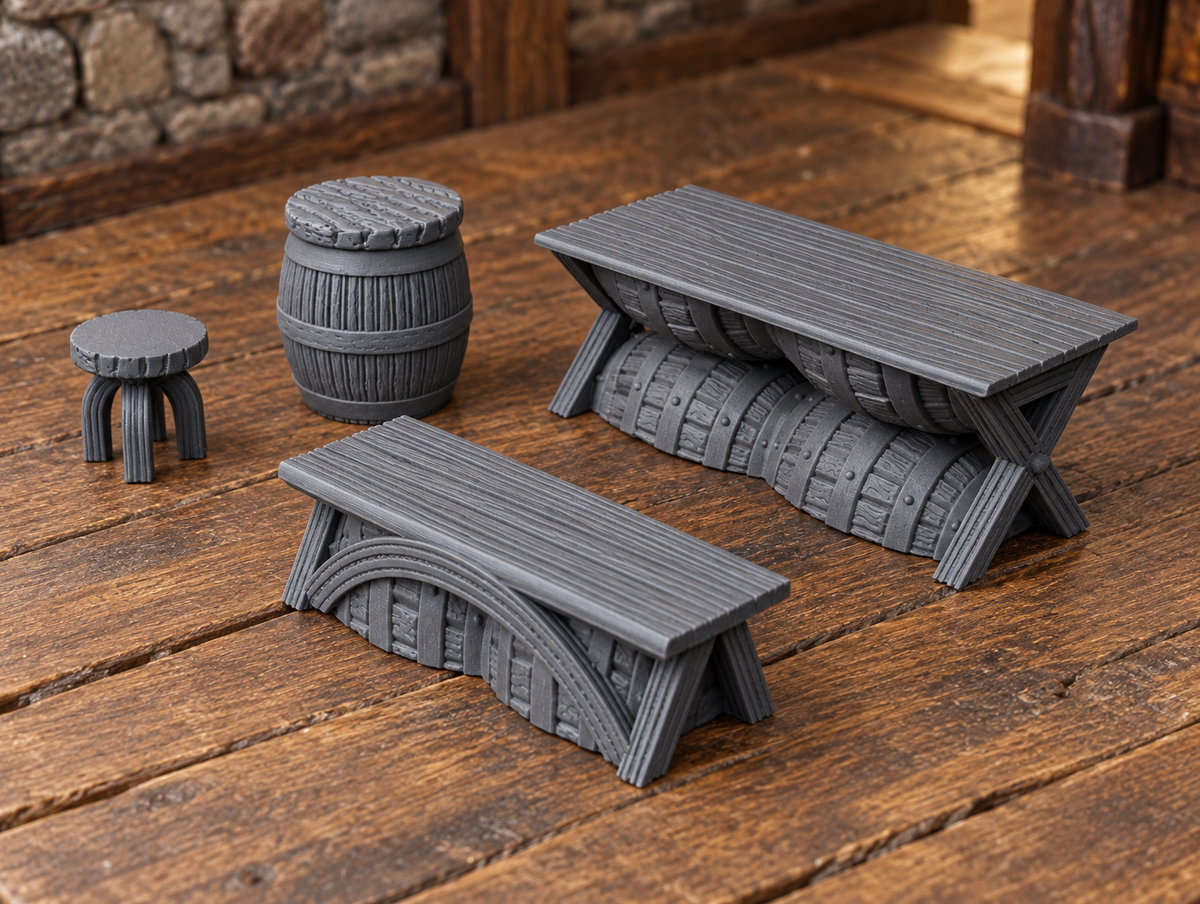 Supplementary product photo for Furniture Scatter 28mm DND Scatter Terrain | Tabletop Wargaming Scenery for Warhammer, Frostgrave & RPG | 3D Printed in unpainted charcoal grey PLA