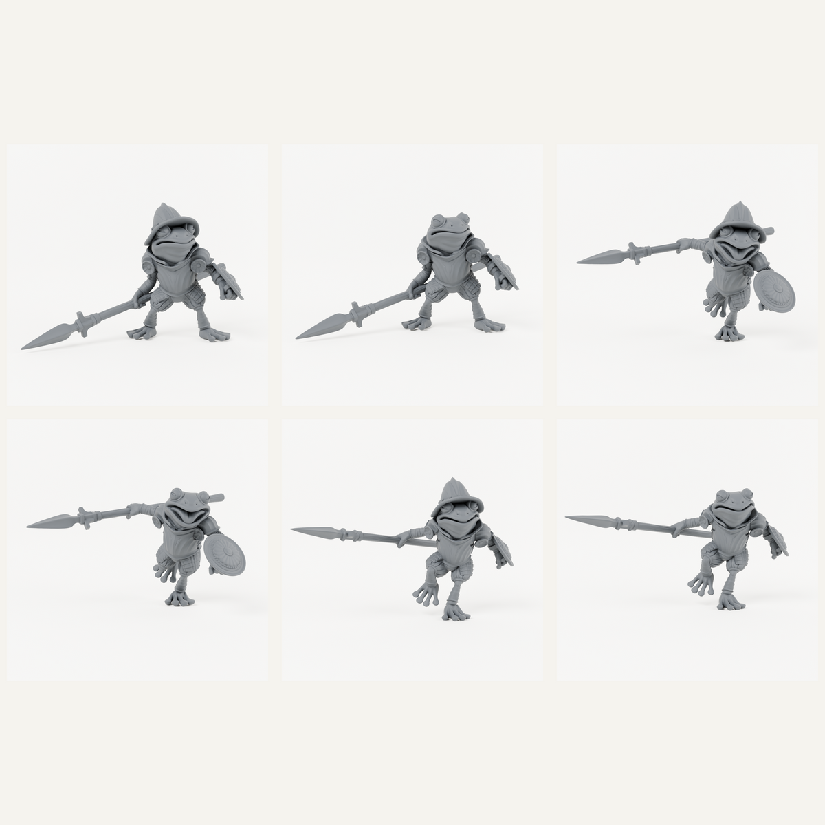 All six Sacred Swamp Frog Spearmen sculpts in charcoal-grey studio renders.