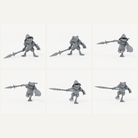 All six Sacred Swamp Frog Spearmen sculpts in charcoal-grey studio renders.