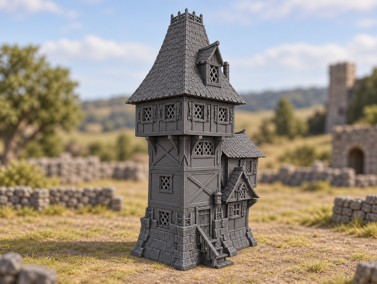 Supplementary product photo for Garrison Tower - 28mm Tabletop Terrain in unpainted charcoal grey PLA