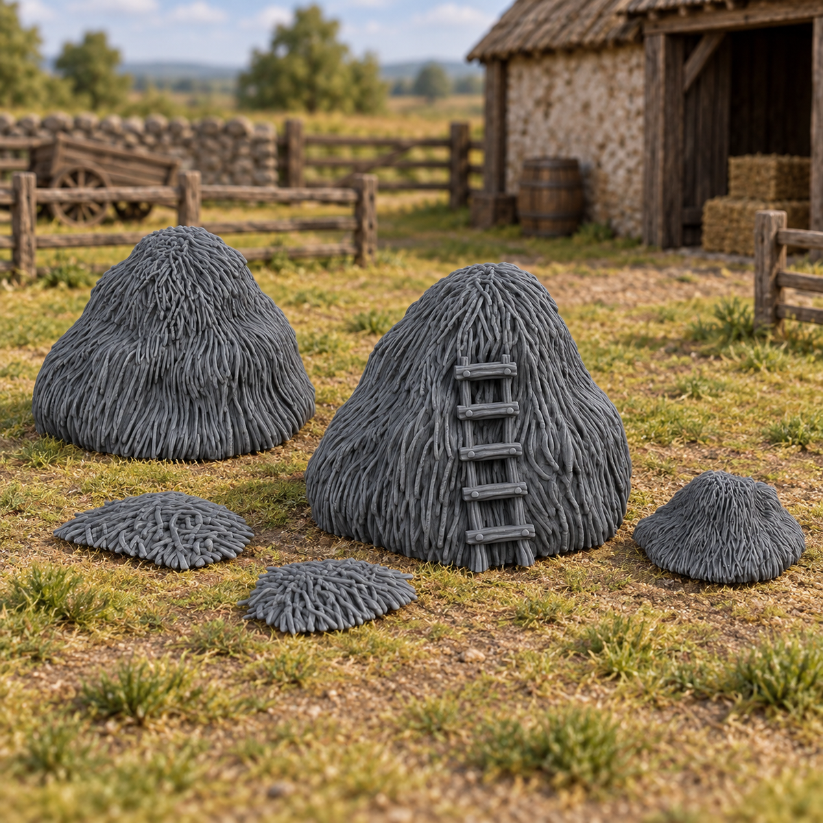 Supplementary product photo for Hay Stacks - 28mm DND/Wargame/RPG Terrain in unpainted charcoal grey PLA