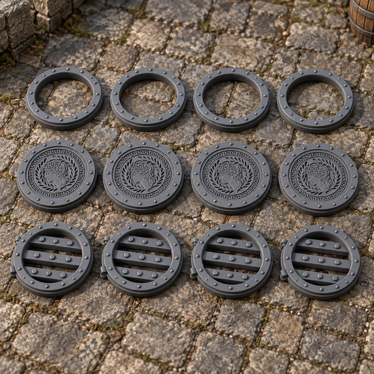 Fantasy Manhole Set 12-piece pack shown in a medieval 28mm tabletop scene, supplied grey and unpainted