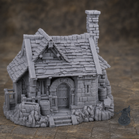 Owl Manor 28mm terrain with dark grey miniature for scale