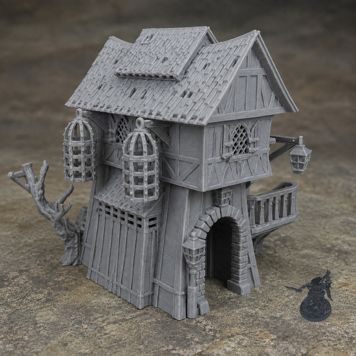 Jail House 28mm terrain with dark grey miniature for scale