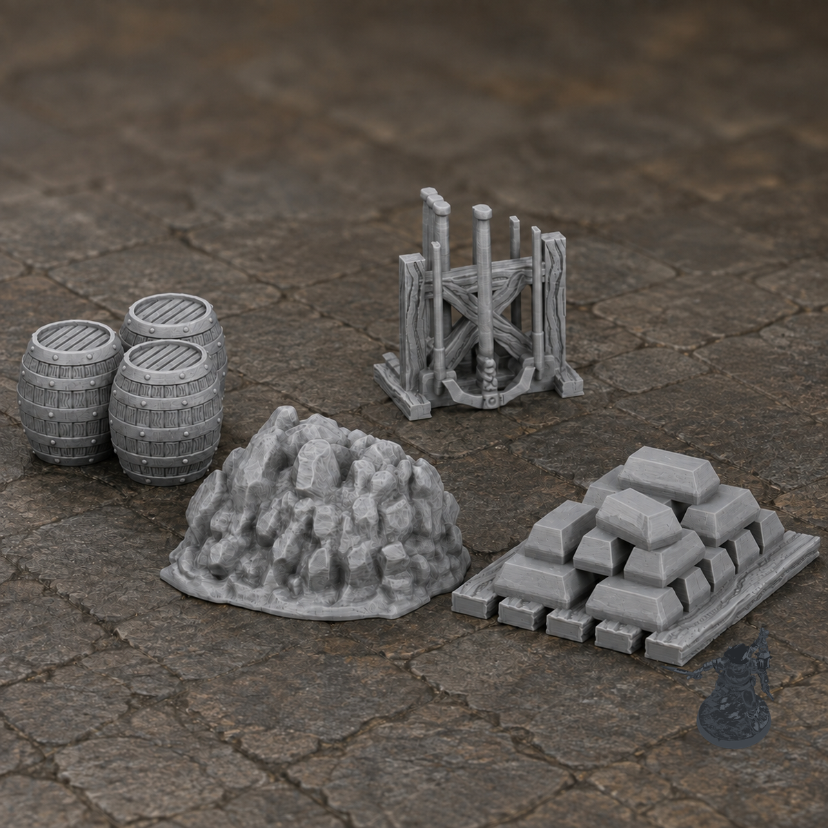 Medieval Town Mine Set 1 28mm terrain with dark grey miniature for scale