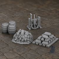 Medieval Town Mine Set 1 28mm terrain with dark grey miniature for scale
