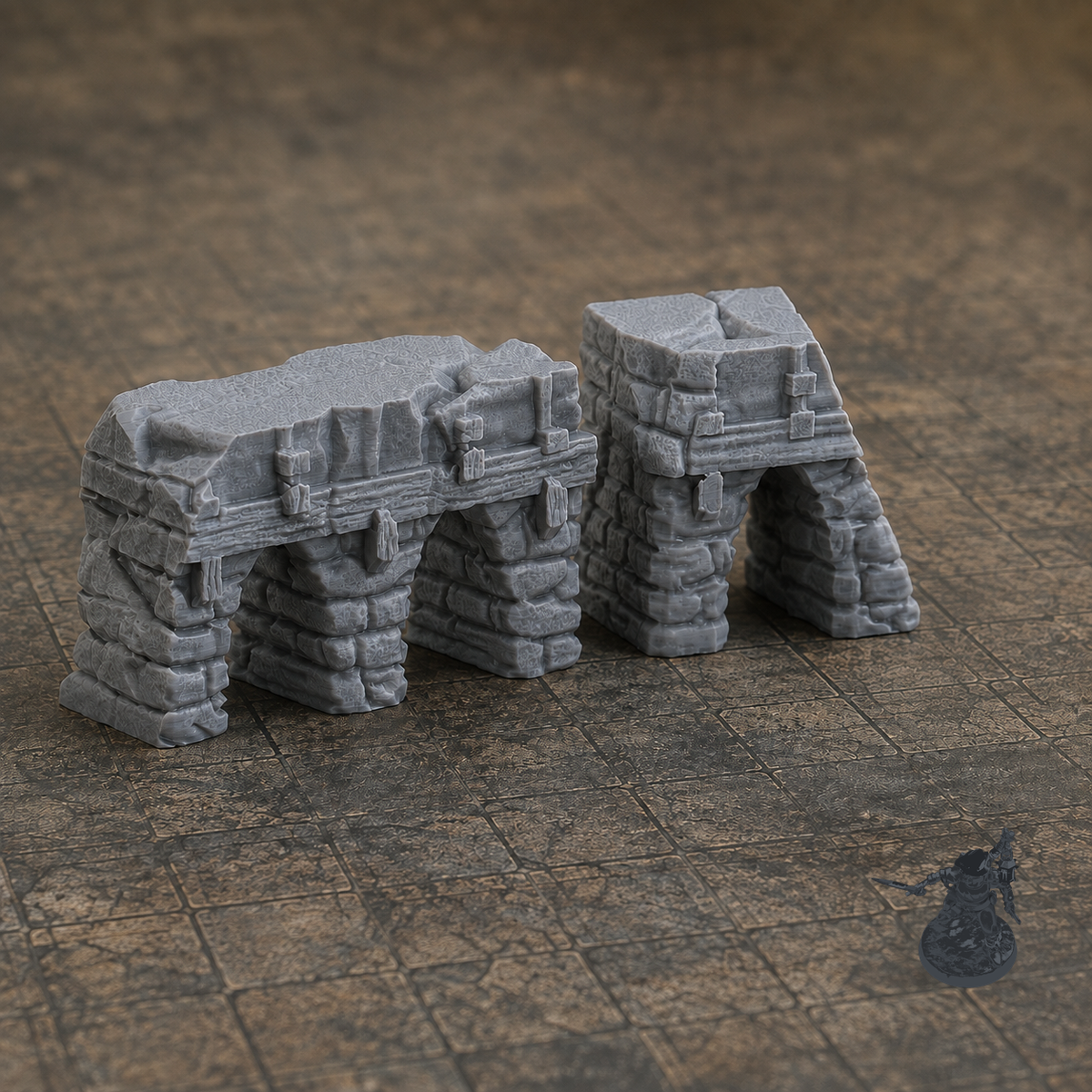 Medieval Town Stone Bridge Ruins 28mm terrain with dark grey miniature for scale