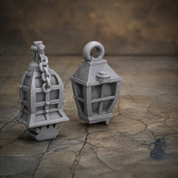 Medieval Town Lanterns 28mm terrain with dark grey miniature for scale