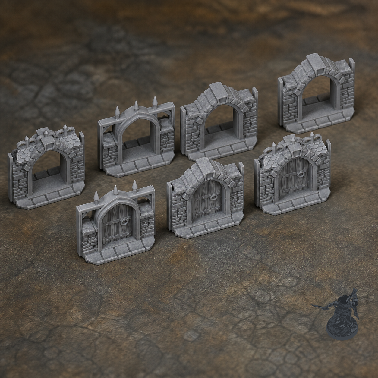 Medieval Town Archways and Doors 28mm terrain with dark grey miniature for scale