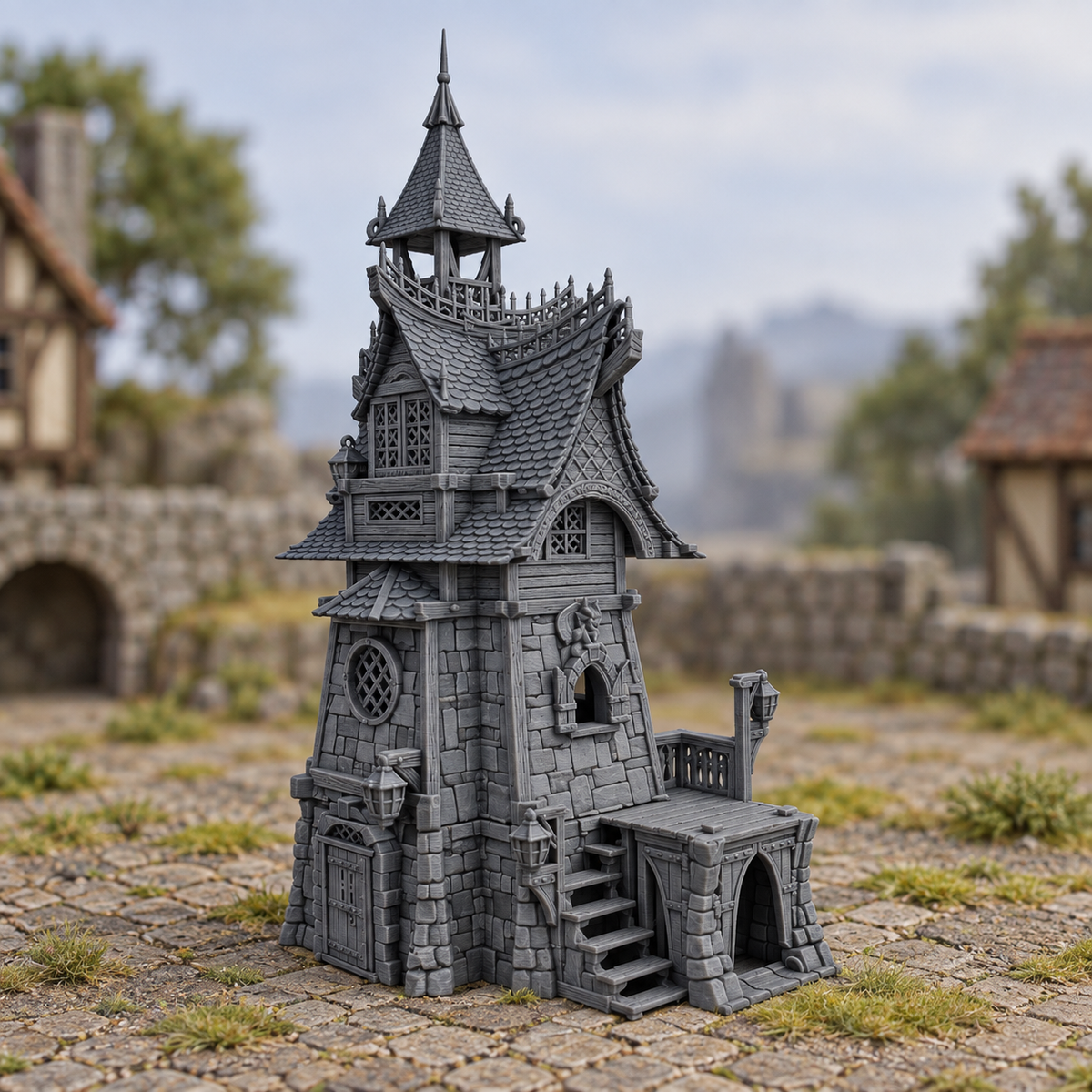 Arcane Townhouse shown in a 28mm fantasy tabletop scene, product supplied unpainted